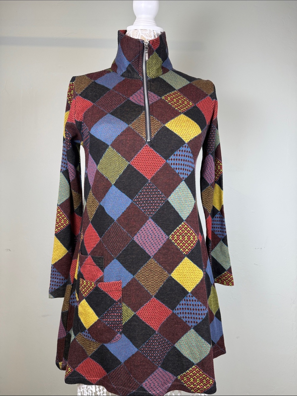 🔸Parsley & Sage Geometric Patchwork Harlequin Diamond Quarter Zip Dress Tunic S